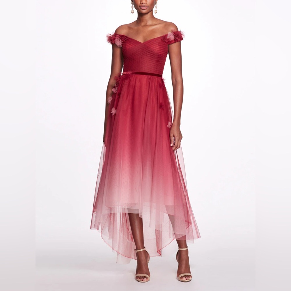 NWT MARCHESA NOTTE Off-the-shoulder appliquéd dégradé tulle gown. Size 10 - Picture 3 of 11